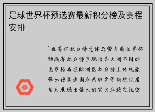 足球世界杯预选赛最新积分榜及赛程安排